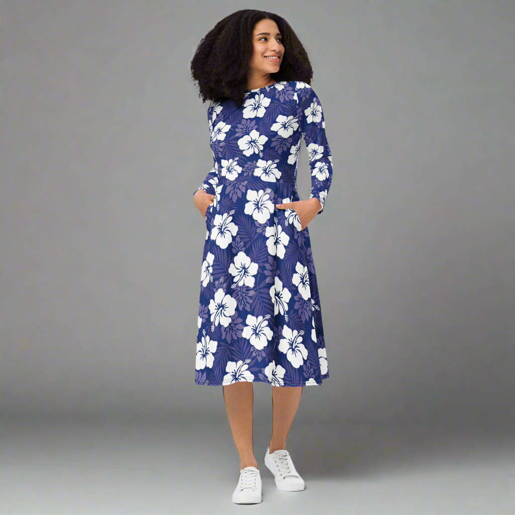 Indigo Hibiscus All-over print long sleeve midi dress